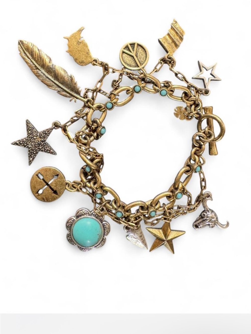Lucky Brand Antiqued Gold-Tone Bracelet with Turquoise and Mixed Charms